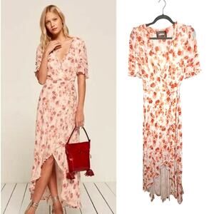 Reformation S Lottie $298 Wrap Dress Floral Ruffles Romantic Midi Maxi Pink NWT!